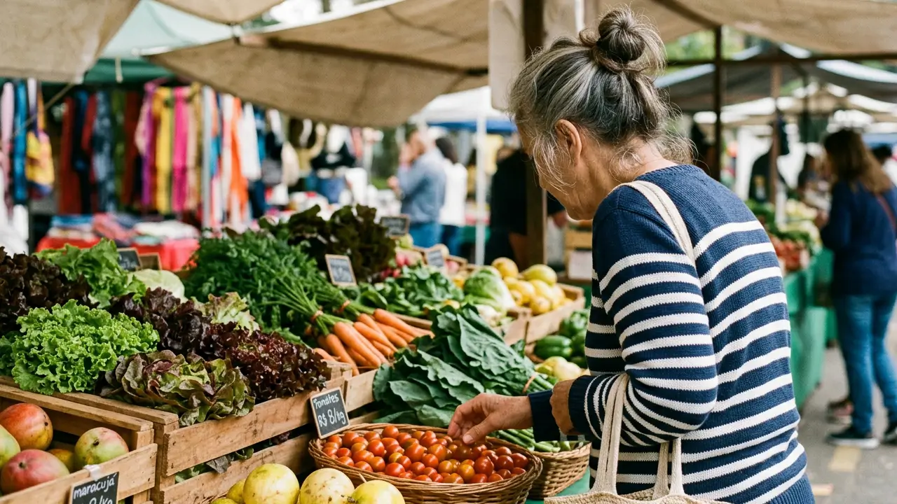 Feira de alimentos orgânicos com expositores e visitantes em São Paulo