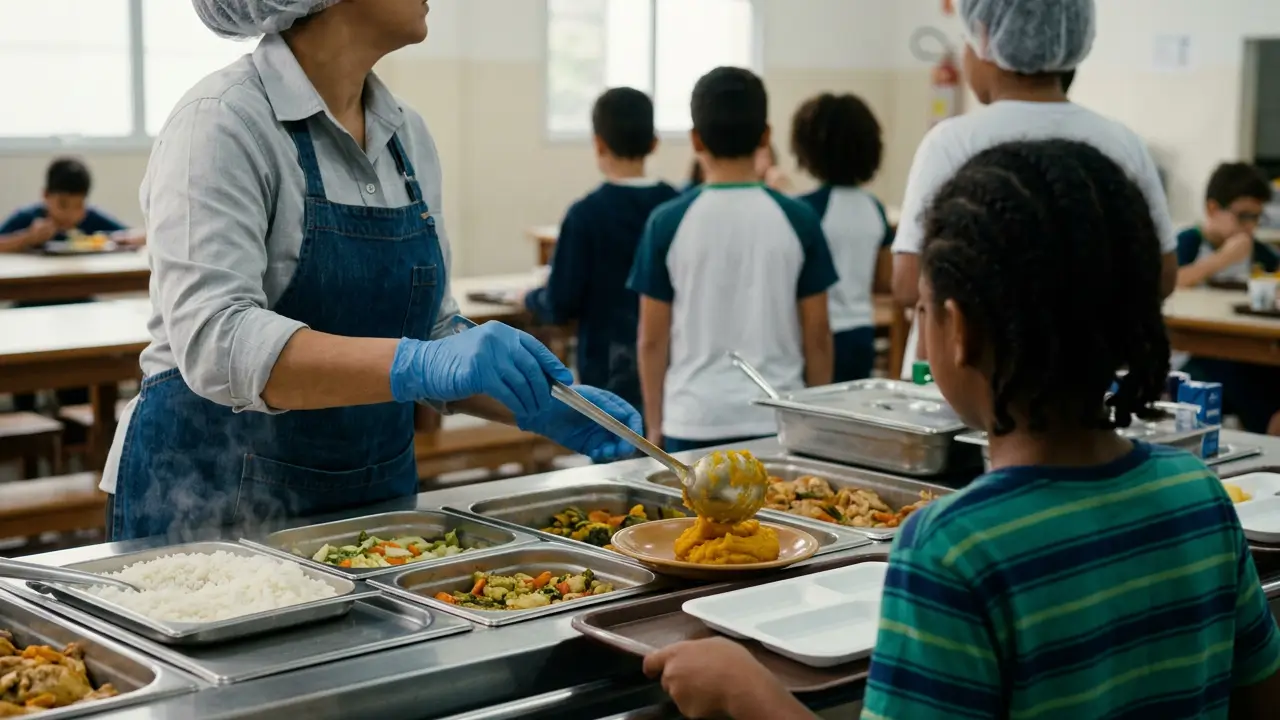 Merenda escolar servida em refeitório com alunos