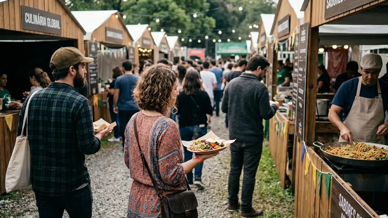 Público visitando festival gastronômico com estandes de comida