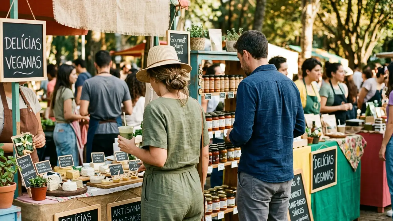 Feira vegana com estandes de alimentos e produtos naturais
