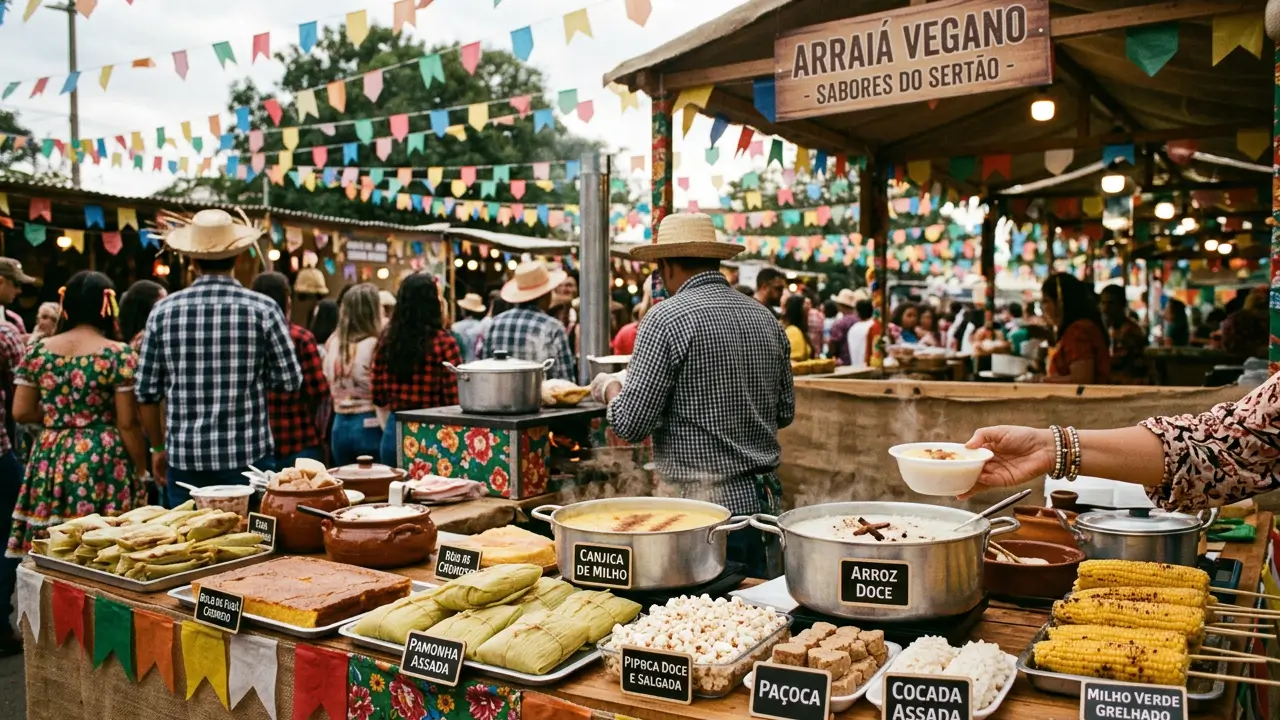 Público em festa junina vegana com barracas de comidas típicas
