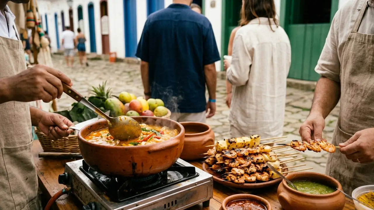 Público participando de festival gastronômico nas ruas históricas de Paraty