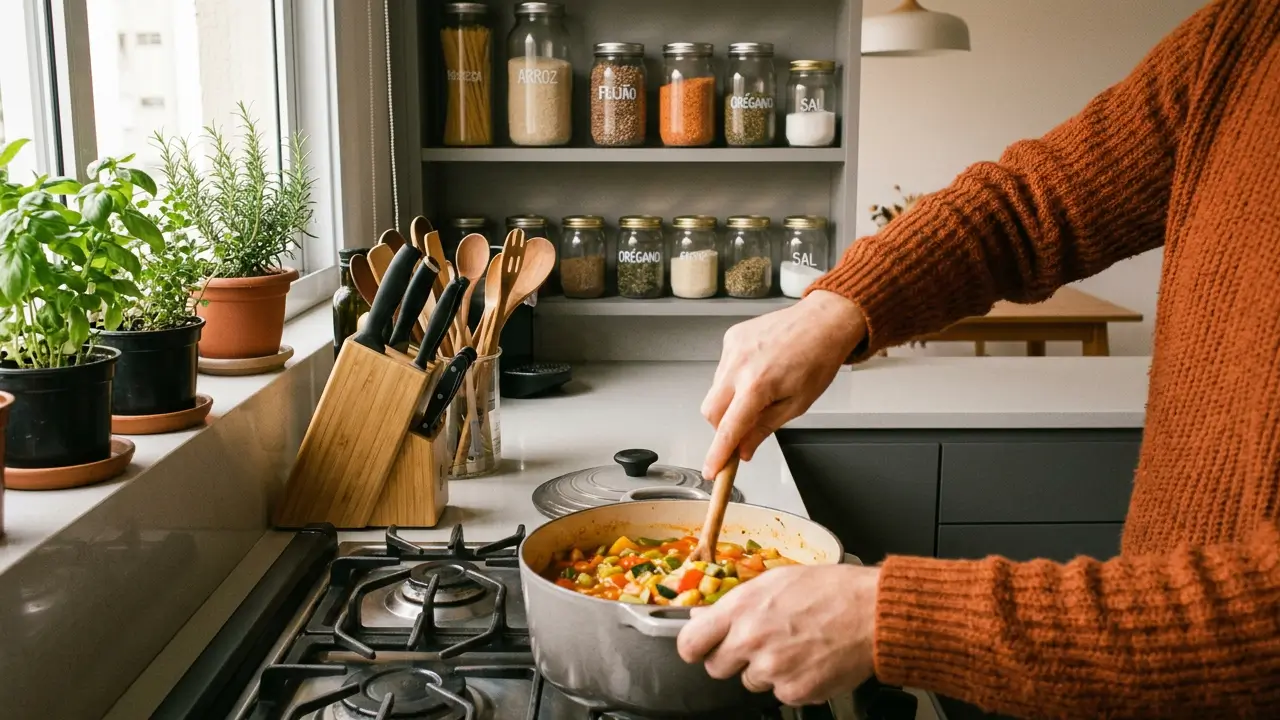 Cozinha organizada com potes etiquetados e bancada limpa