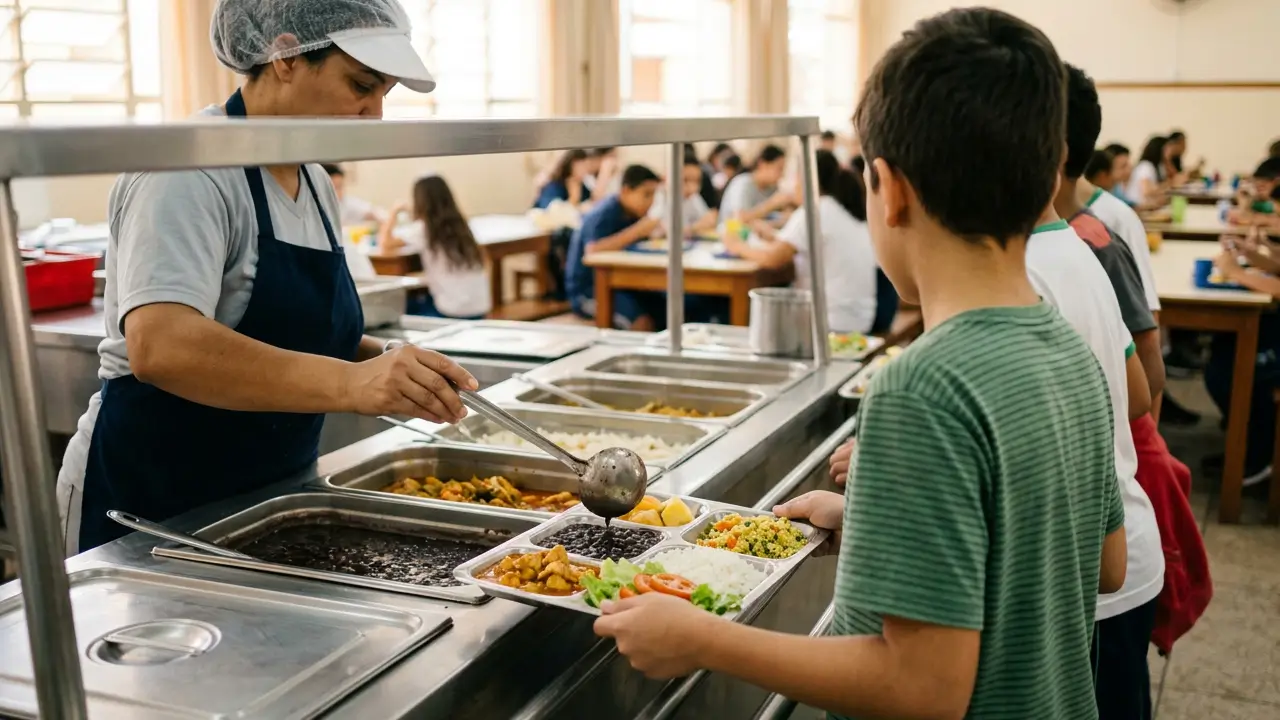 Estudantes recebendo alimentação escolar sem lactose em refeitório