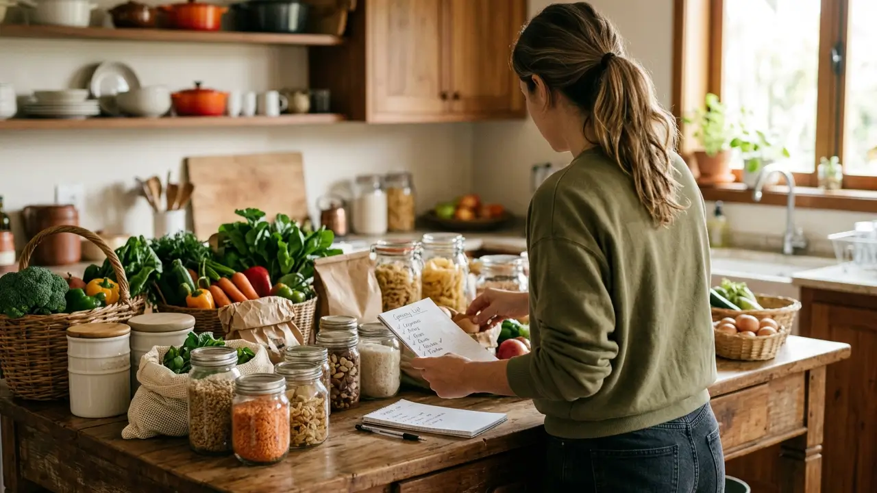 Pessoa organizando alimentos e lista de compras para economizar na cozinha
