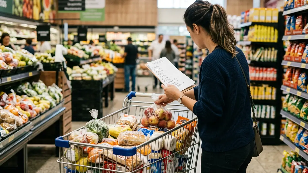 Pessoa fazendo planejamento de compras no supermercado