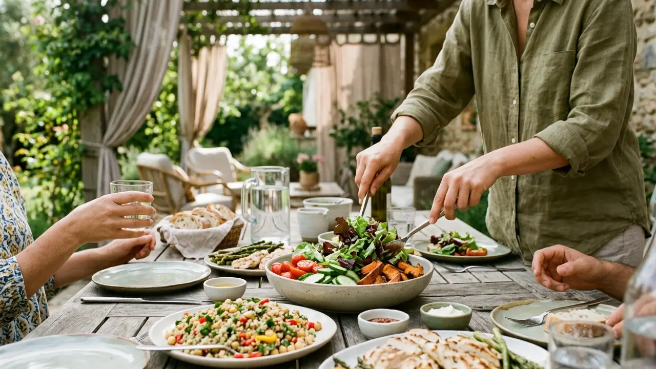 Refeição leve com legumes, folhas e grãos em mesa acolhedora
