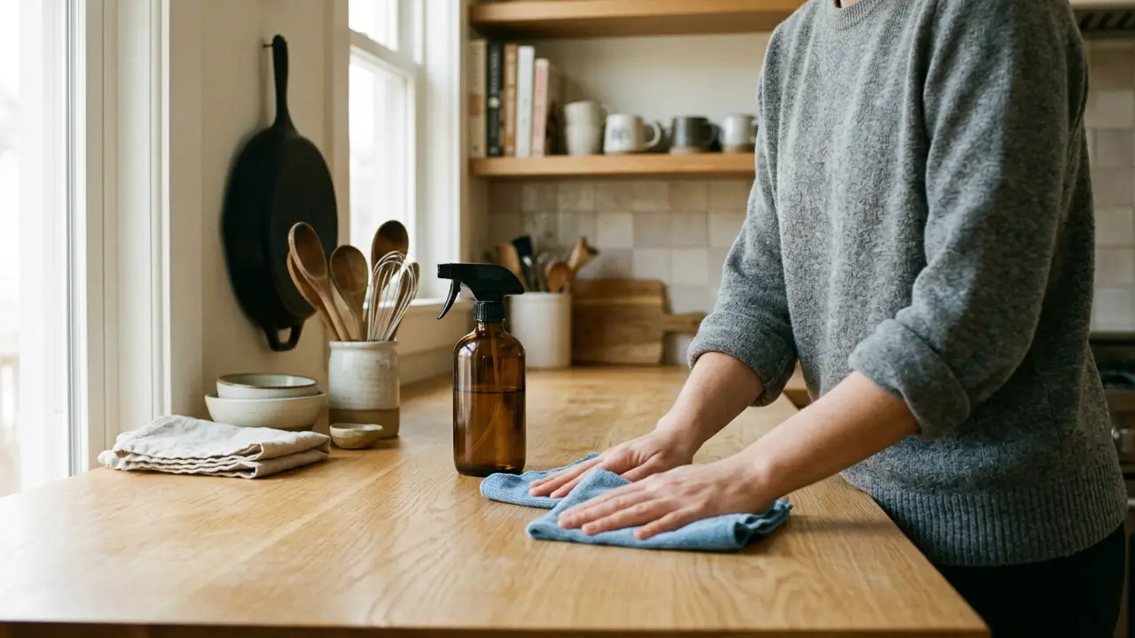 Pessoa usando método de limpeza caseira em bancada de cozinha