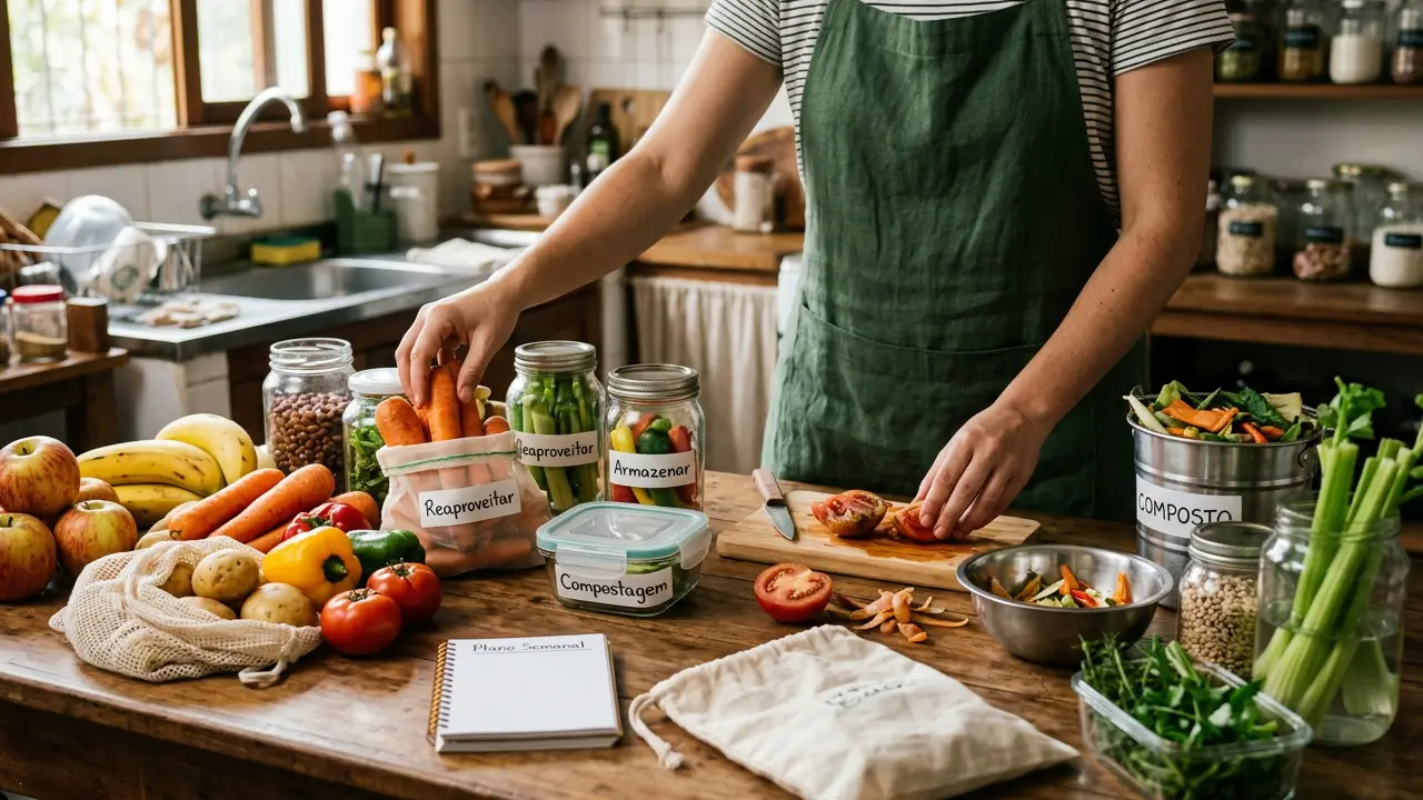 Alimentos sendo organizados para reduzir o desperdício em casa