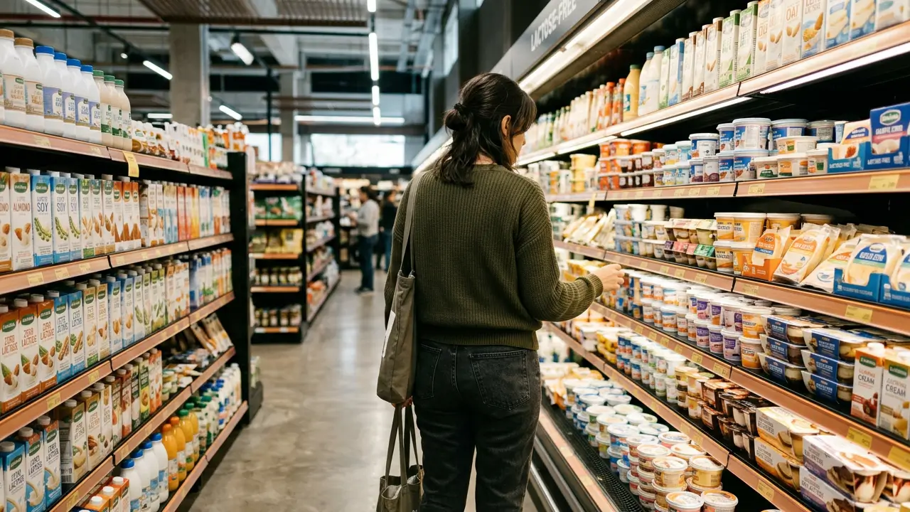 Prateleira de supermercado com produtos sem lactose em 2026