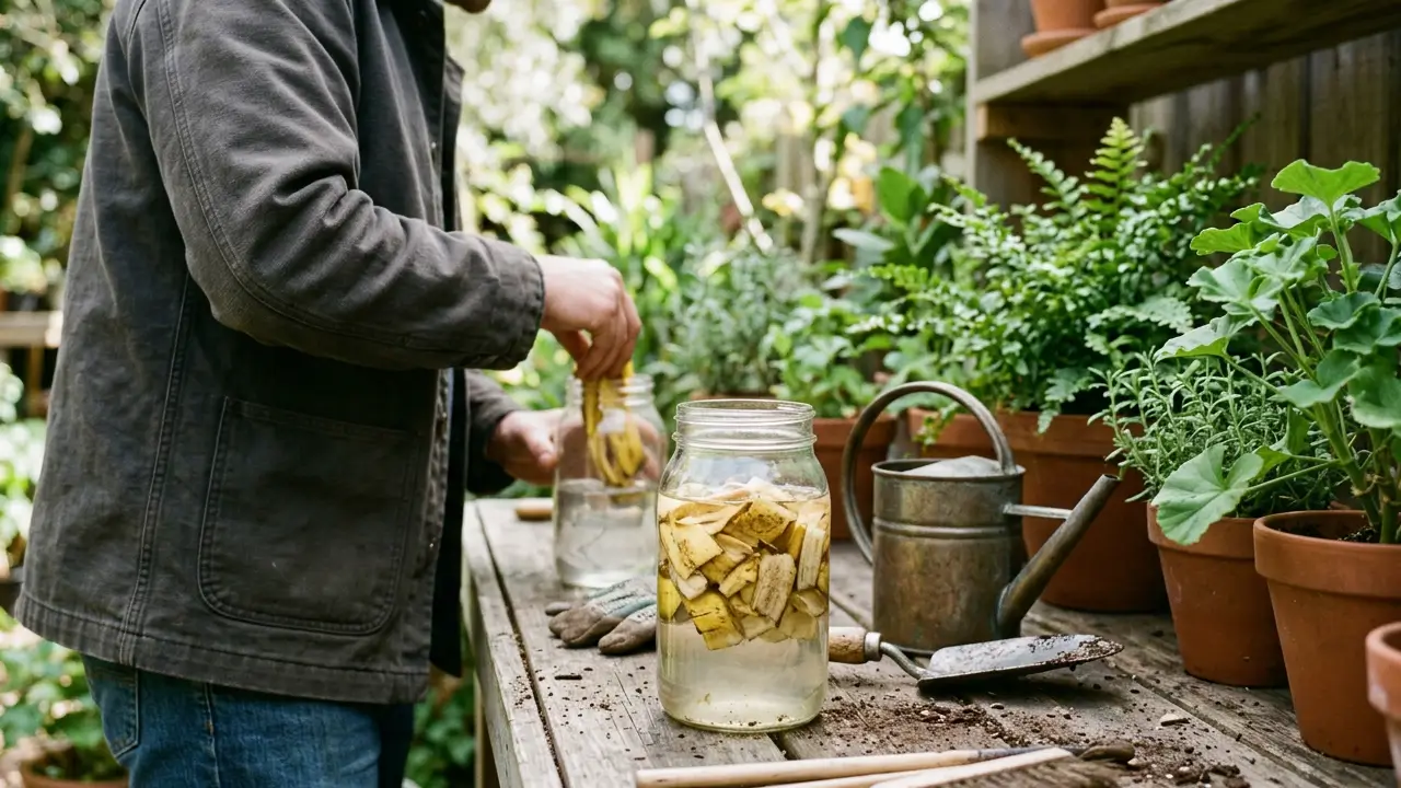 Recipiente com água e cascas de banana ao lado de plantas em vasos.