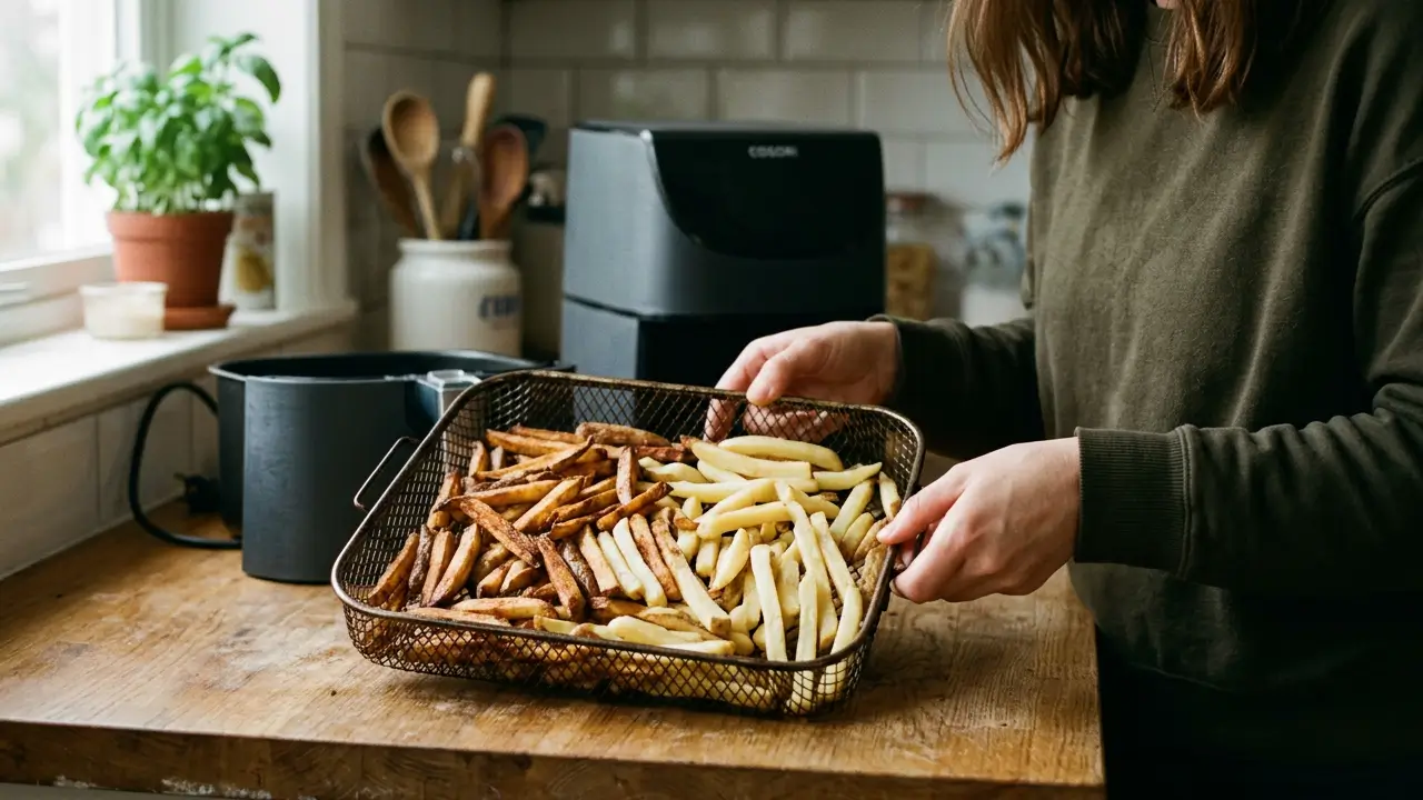 Cesto da air fryer cheio de batatas amontoadas e com douramento desigual.