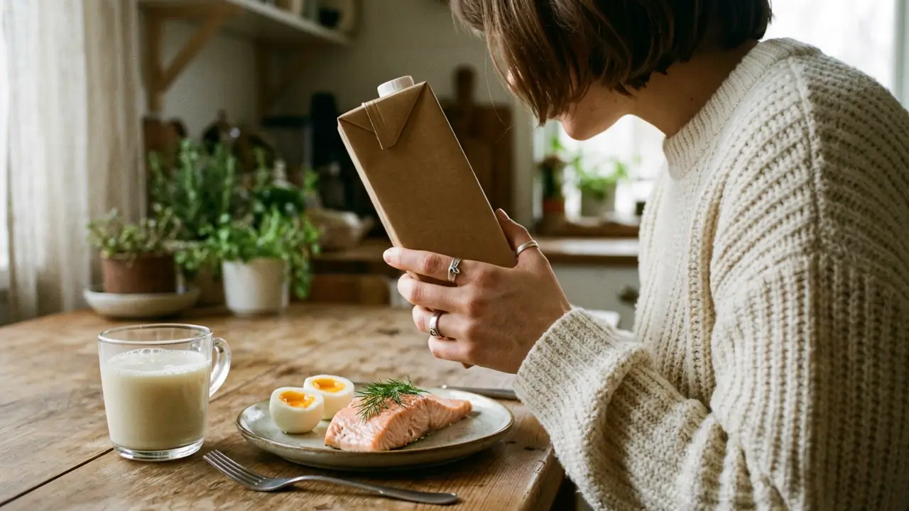 Salmão, ovos e bebida vegetal como opções na alimentação sem lactose.