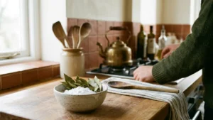 Louro com bicarbonato em recipiente sobre bancada da cozinha.