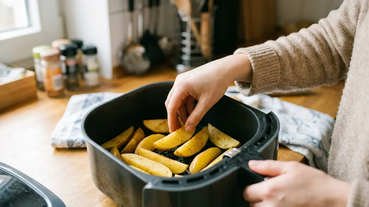 Batatas distribuídas com espaço no cesto da air fryer.