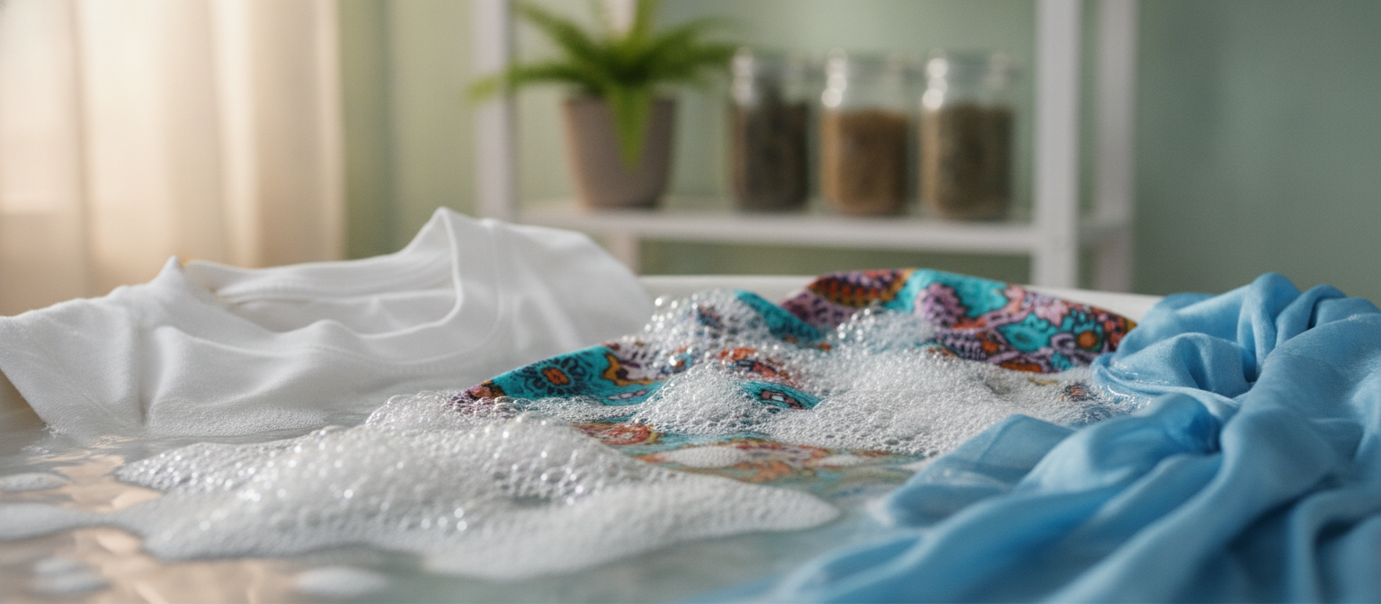 Percarbonato de sódio próximo a diferentes tecidos, representando seu uso na lavagem e remoção de manchas em roupas.